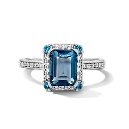 Emerald-Cut London Blue Topaz and 0.18 CT. T.W. Certified Lab-Grown Diamond Frame Ring in Sterling Silver (F/VS2)