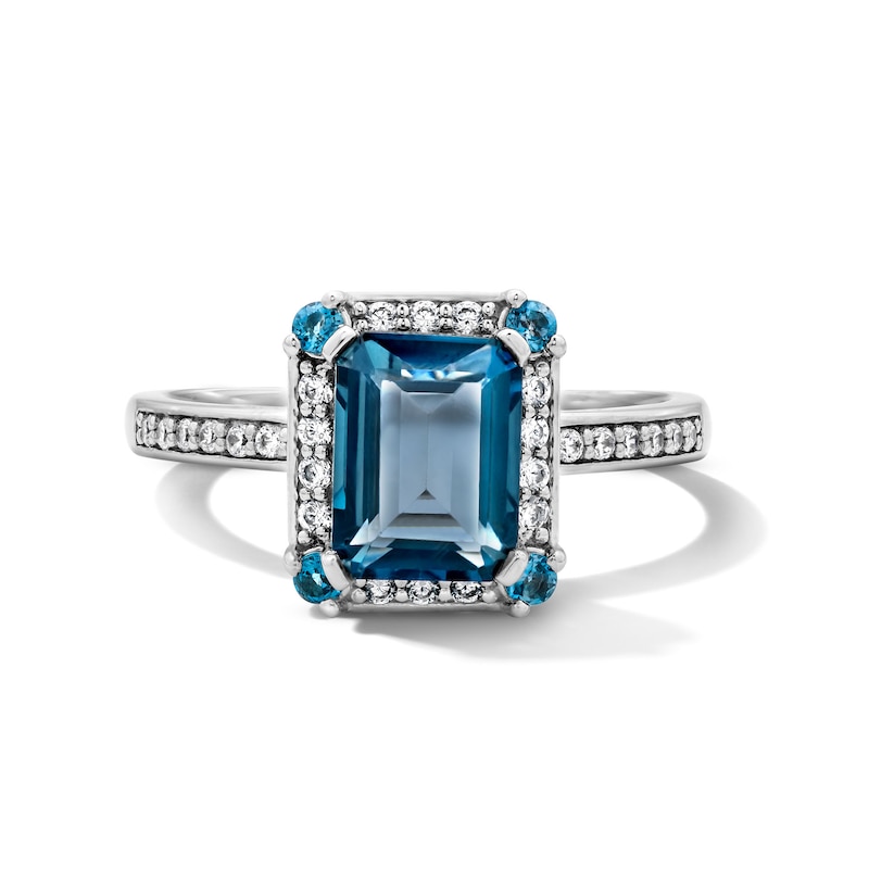 Main Image 1 of Emerald-Cut London Blue Topaz and 0.18 CT. T.W. Certified Lab-Grown Diamond Frame Ring in Sterling Silver (F/VS2)