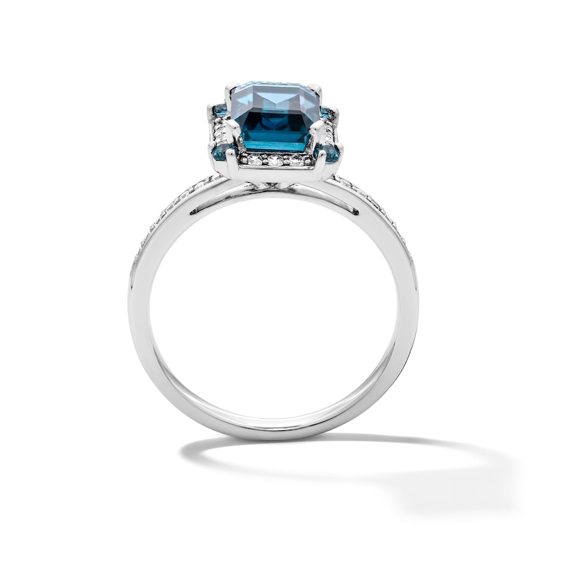 Main Image 2 of Emerald-Cut London Blue Topaz and 0.18 CT. T.W. Certified Lab-Grown Diamond Frame Ring in Sterling Silver (F/VS2)