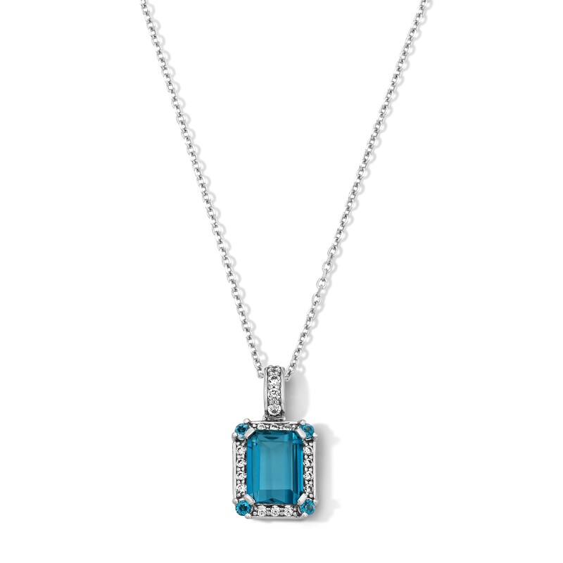 Main Image 1 of Emerald-Cut London Blue Topaz and 0.14 CT. T.W. Certified Lab-Grown Diamond Pendant in Sterling Silver (F/VS2)