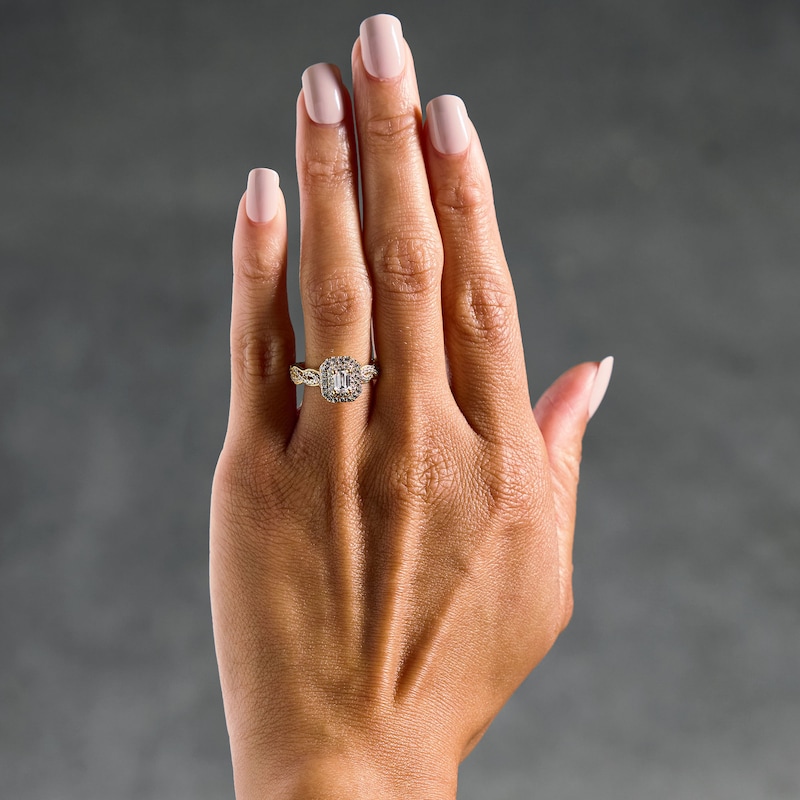 Main Image 2 of 1.25 CT. T.W. Emerald-Cut Canadian Certified Centre Diamond Frame Engagement Ring in 14K Gold (I/SI2)