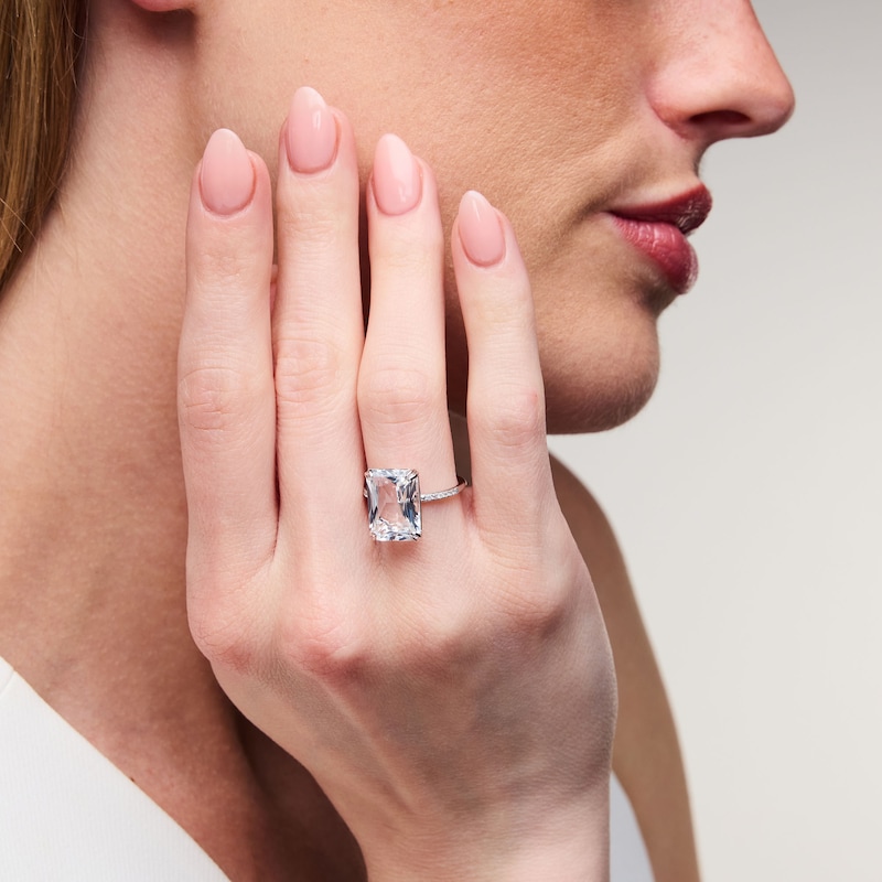 Main Image 2 of EFFY™ Collection Emerald-Cut White Topaz and 0.04 CT. T.W. Diamond Cocktail Ring in Sterling Silver