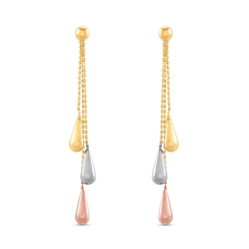 Beaded and Teardrop Dangle Earrings in Solid 14K Tri-Tone Gold
