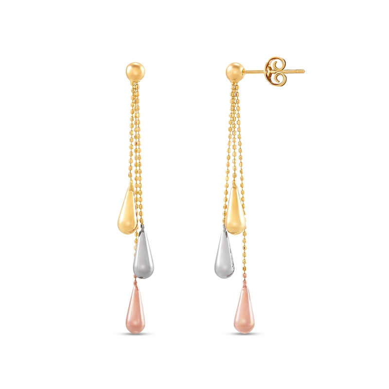 Beaded and Teardrop Dangle Earrings in Solid 14K Tri-Tone Gold