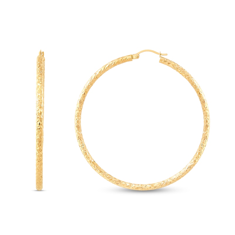 60.0mm Diamond-Cut Textured Hoop Earrings in Hollow 14K Gold