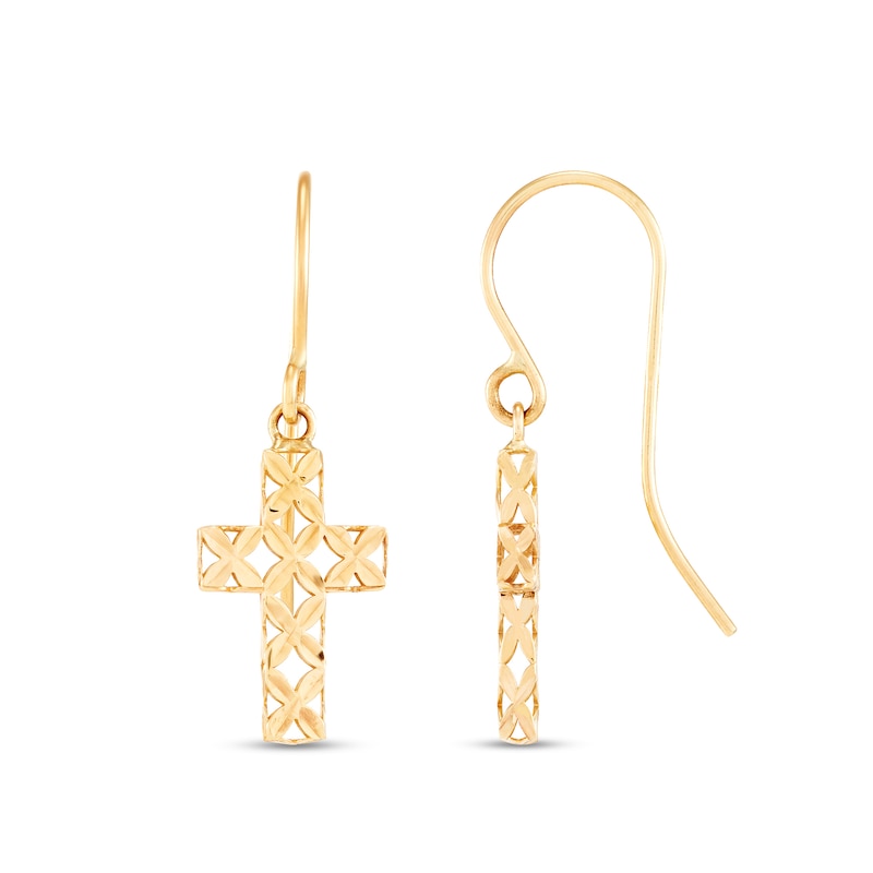 Diamond-Cut Cross Dangle Earrings in Hollow 10K Gold