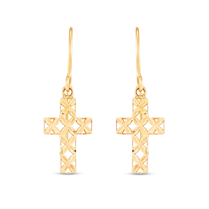 Diamond-Cut Cross Dangle Earrings in Hollow 10K Gold