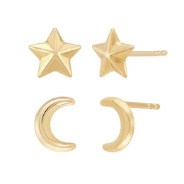 Moon and Star Stud Earrings Set in Solid 14K Gold