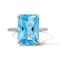 EFFY™ Collection Emerald-Cut Swiss Blue Topaz and 0.04 CT. T.W. Diamond Cocktail Ring in Sterling Silver