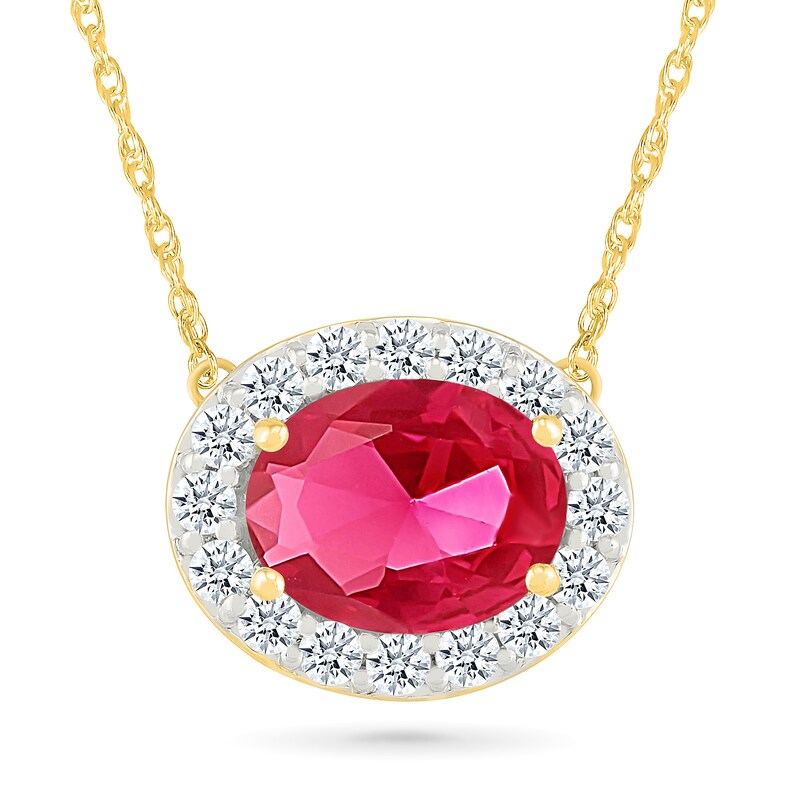 Oval Lab-Created Ruby and 0.45 CT. T.W. Certified Lab-Grown Diamond Frame Necklace in Sterling Silver with 10K Gold Plate