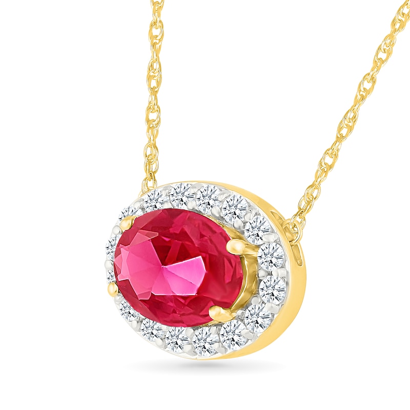 Oval Lab-Created Ruby and 0.45 CT. T.W. Certified Lab-Grown Diamond Frame Necklace in Sterling Silver with 10K Gold Plate