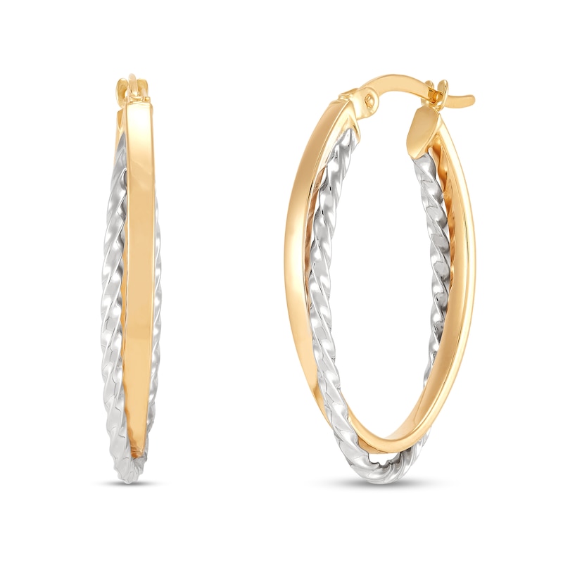 28.8mm Diamond-Cut Crossover Oval Hoop Earrings in Hollow 10K Two-Tone Gold