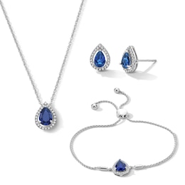 Pear-Shaped Blue and White Lab-Created Sapphire Pendant, Bolo Bracelet and Earrings Set in Sterling Silver