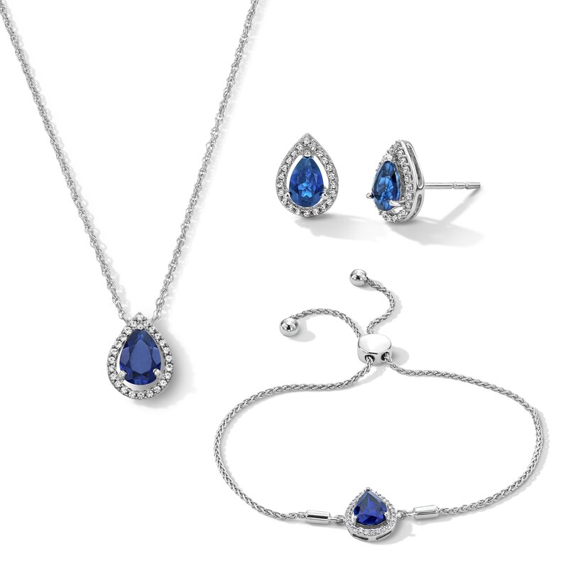 Main Image 1 of Pear-Shaped Blue and White Lab-Created Sapphire Pendant, Bolo Bracelet and Earrings Set in Sterling Silver