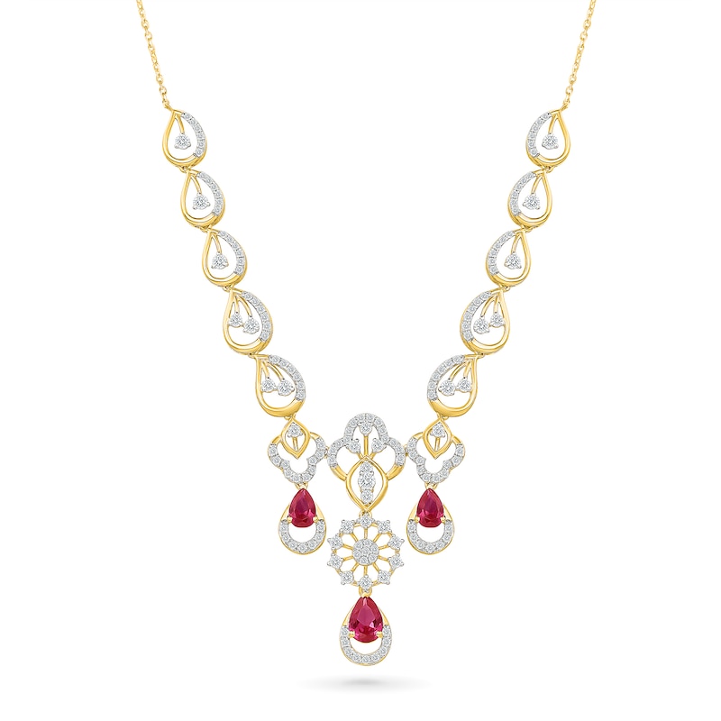 Main Image 1 of Pear-Shaped Ruby and 1.70 CT. T.W. Lab-Grown Diamond Linked Teardrop Chandelier Necklace in 18K Gold (F/VS2)