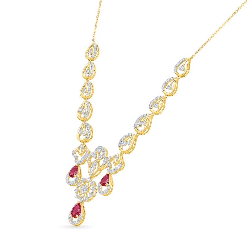 Main Image 2 of Pear-Shaped Ruby and 1.70 CT. T.W. Lab-Grown Diamond Linked Teardrop Chandelier Necklace in 18K Gold (F/VS2)
