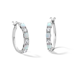 Oval Lab-Created Opal and White  Lab-Created Sapphire Hoop Earrings in Sterling Silver