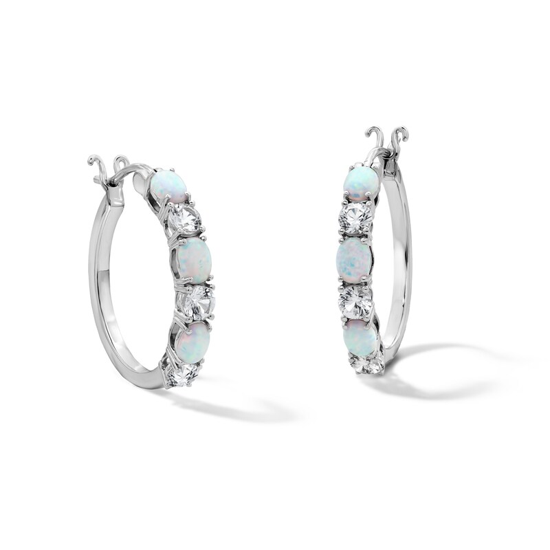 Main Image 1 of Oval Lab-Created Opal and White  Lab-Created Sapphire Hoop Earrings in Sterling Silver