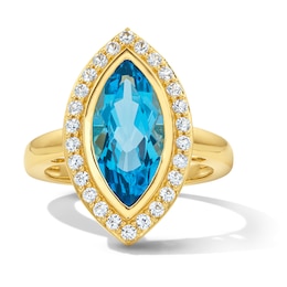 Marquise-Cut Swiss Blue Topaz and White Lab-Created Sapphire Frame Ring in Sterling Silver with 14K Gold Plate