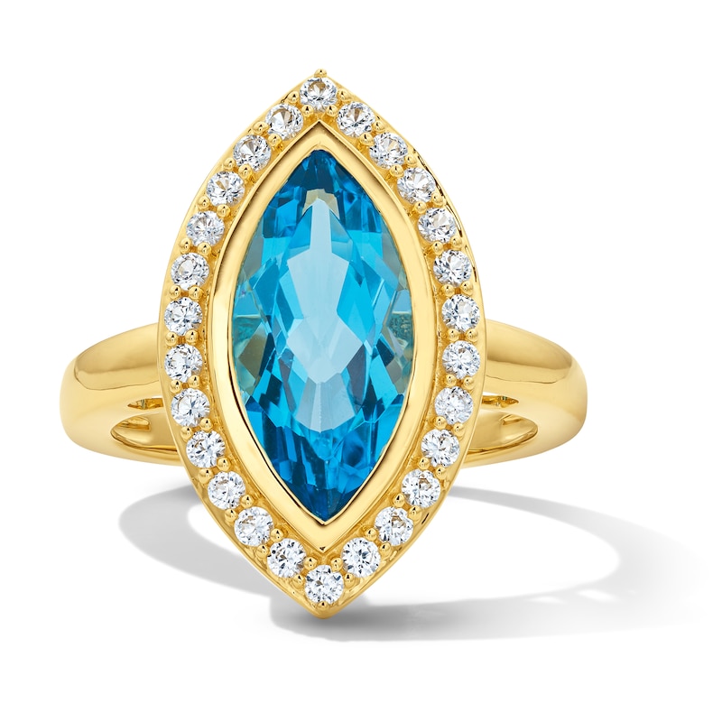 Main Image 1 of Marquise-Cut Swiss Blue Topaz and White Lab-Created Sapphire Frame Ring in Sterling Silver with 14K Gold Plate