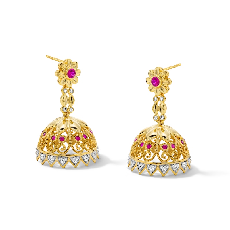 Main Image 1 of Ruby and 0.58 CT. T.W. Lab-Created Diamond Bell Drop Earrings in 18K Gold (I/SI2)