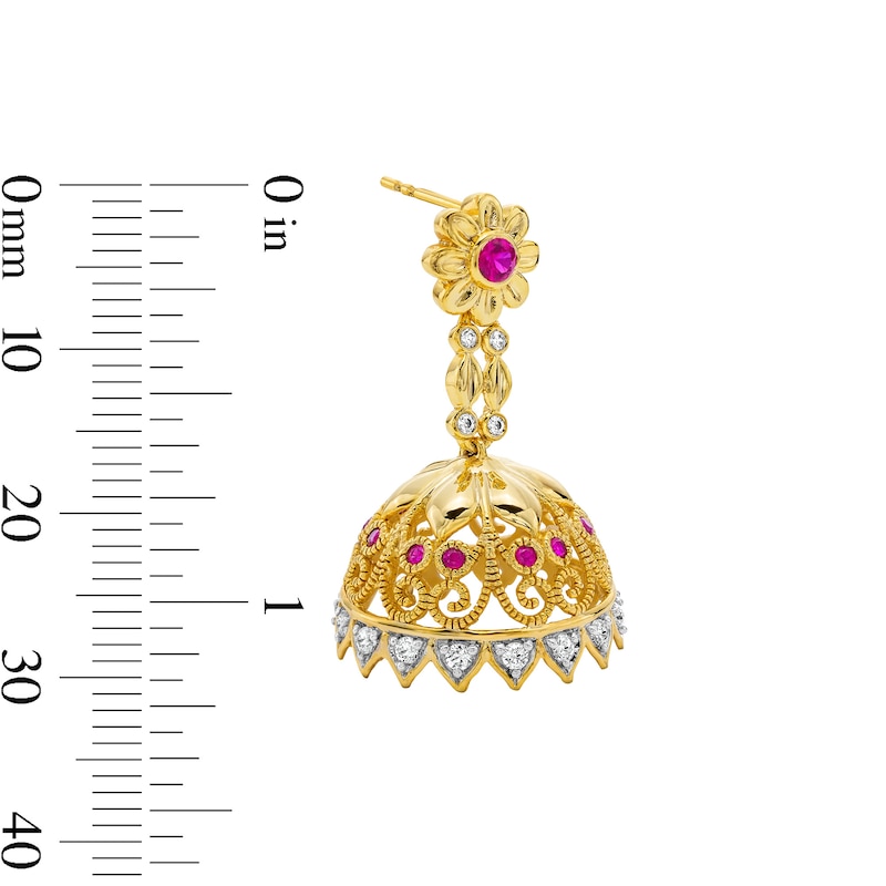 Main Image 3 of Ruby and 0.58 CT. T.W. Lab-Created Diamond Bell Drop Earrings in 18K Gold (I/SI2)