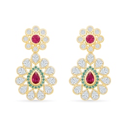 Pear-Shaped Ruby, Emerald and White Topaz Drop Earrings in 18K Gold