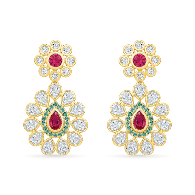 Main Image 1 of Pear-Shaped Ruby, Emerald and White Topaz Drop Earrings in 18K Gold