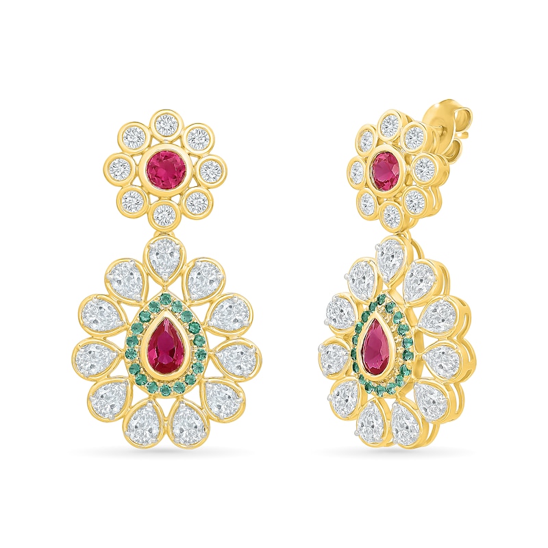 Main Image 2 of Pear-Shaped Ruby, Emerald and White Topaz Drop Earrings in 18K Gold