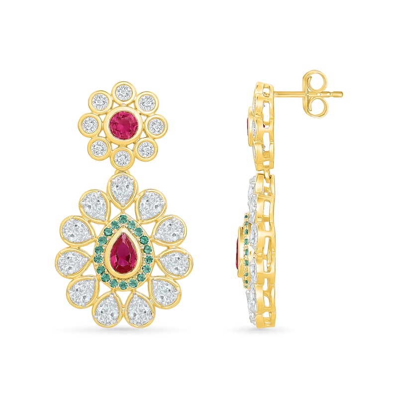 Main Image 3 of Pear-Shaped Ruby, Emerald and White Topaz Drop Earrings in 18K Gold