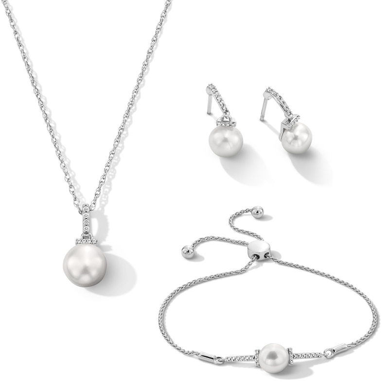 Main Image 1 of 8mm Freshwater Cultured Pearl and White Lab-Created Sapphire Pendant, Bolo Bracelet and Earrings Set in Sterling Silver