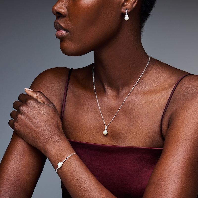 8mm Freshwater Cultured Pearl and White Lab-Created Sapphire Pendant, Bolo Bracelet and Earrings Set in Sterling Silver