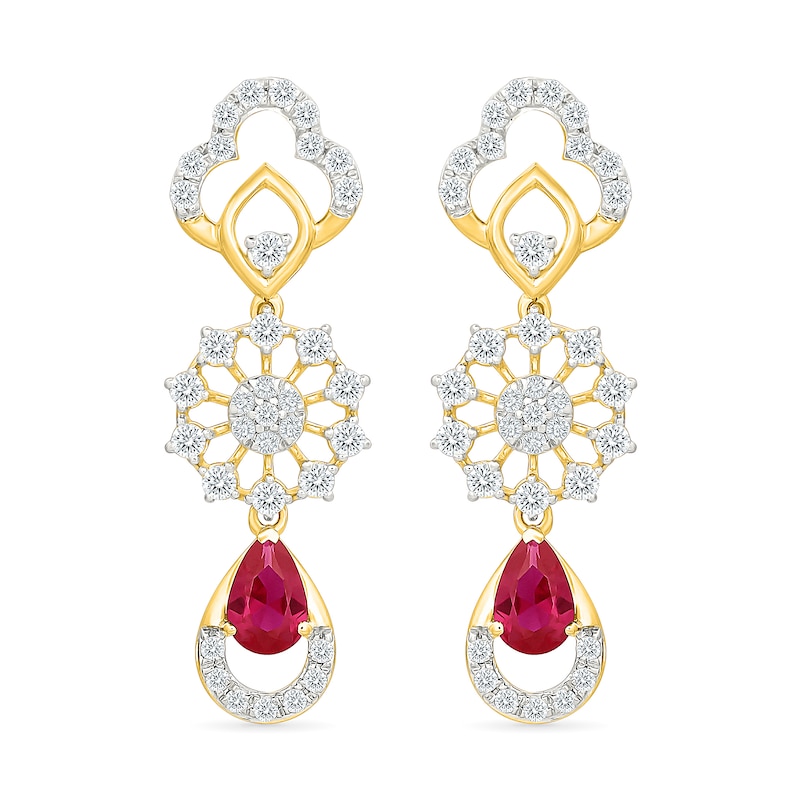 Main Image 1 of Pear-Shaped Ruby and 0.69 CT. T.W. Lab-Grown Diamond Drop Earrings in 18K Gold (F/VS2)