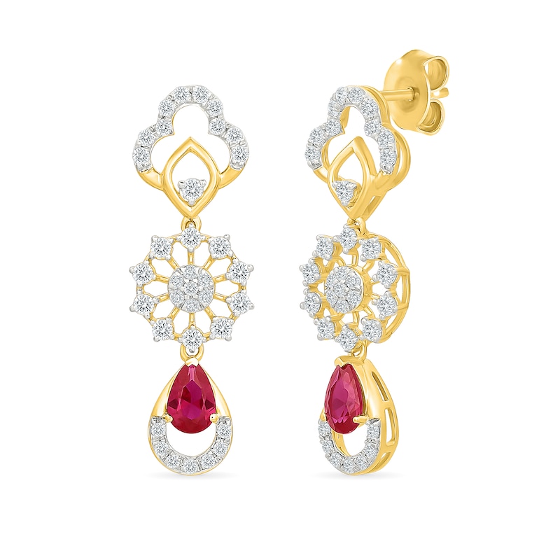 Main Image 2 of Pear-Shaped Ruby and 0.69 CT. T.W. Lab-Grown Diamond Drop Earrings in 18K Gold (F/VS2)