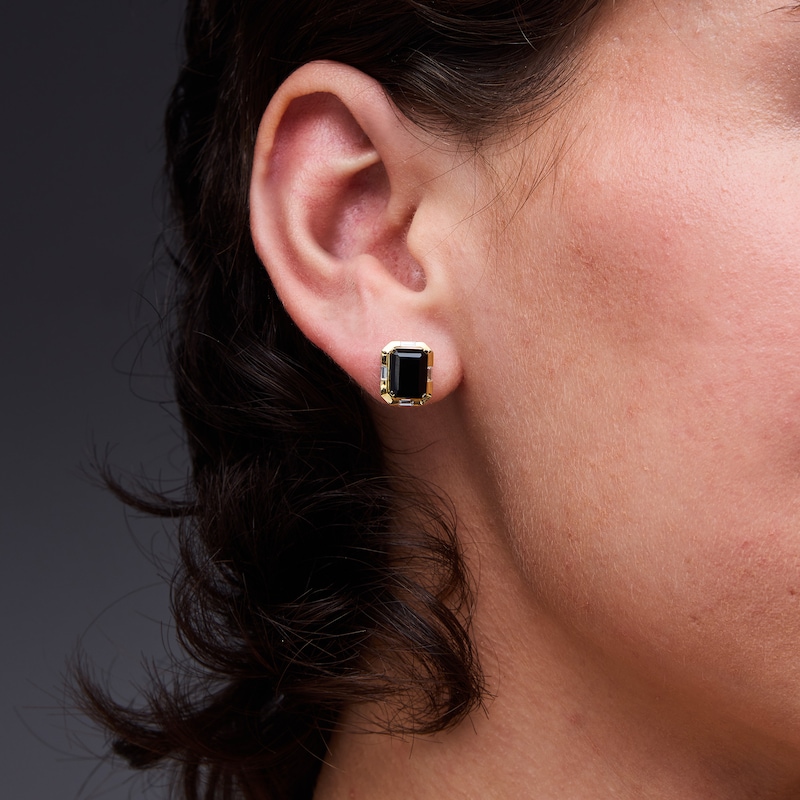 Main Image 2 of EFFY™ Collection Emerald-Cut Black Onyx and 0.14 CT. T.W. Baguette-Cut Diamond Stud Earrings in 14K Gold