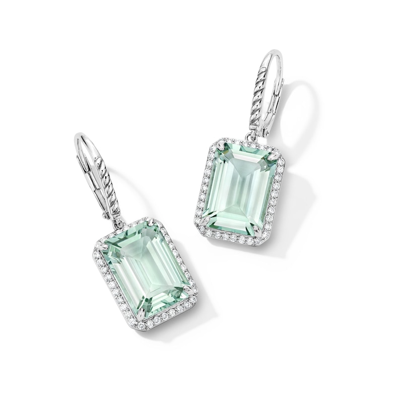 Main Image 1 of EFFY™ Collection Emerald-Cut Green Quartz and 0.45 CT. T.W. Diamond Frame Drop Earrings in Sterling Silver