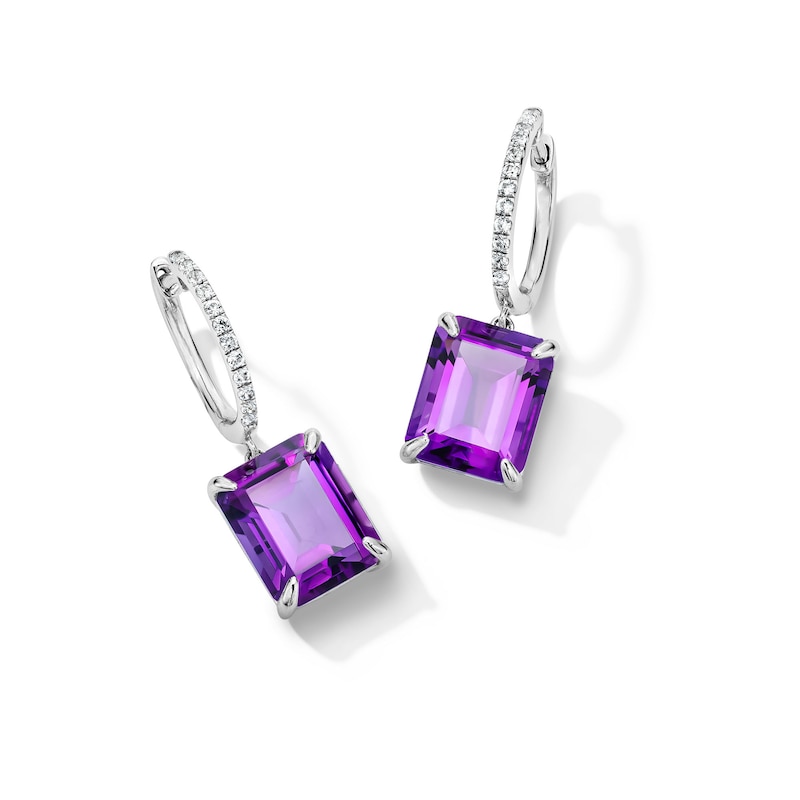 EFFY™ Collection Emerald-Cut Amethyst and White Sapphire Hoop Drop Earrings in Sterling Silver