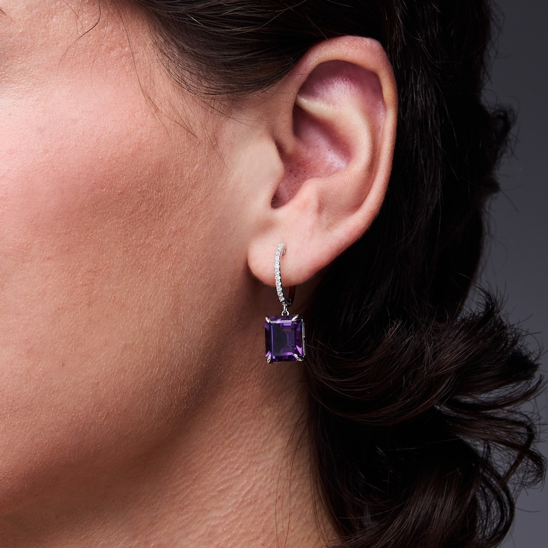 Main Image 2 of EFFY™ Collection Emerald-Cut Amethyst and White Sapphire Hoop Drop Earrings in Sterling Silver