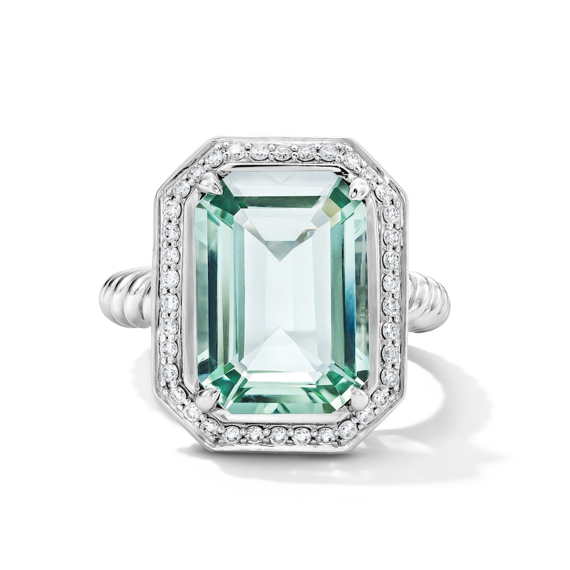 Main Image 1 of EFFY™ Collection Emerald-Cut Green Quartz and 0.23 CT. T.W. Diamond Frame Cocktail Ring in Sterling Silver