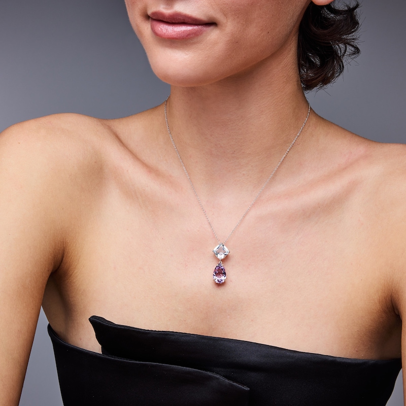 Main Image 2 of EFFY™ Collection Cushion-Cut White Topaz and Pear-Shaped Light Amethyst Drop Pendant in Sterling Silver
