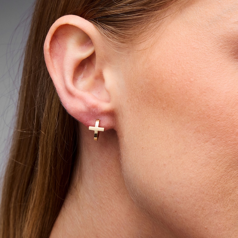Cross J-Hoop Earrings in Solid 10K Gold
