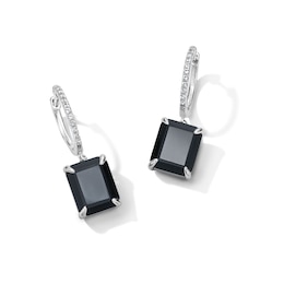 EFFY™ Collection Emerald-Cut Black Onyx and White Sapphire Hoop Drop Earrings in Sterling Silver