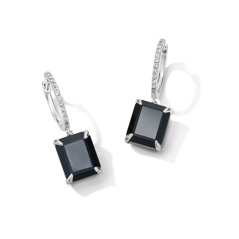 EFFY™ Collection Emerald-Cut Black Onyx and White Sapphire Hoop Drop Earrings in Sterling Silver