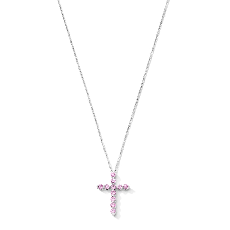 Main Image 1 of Pink Lab-Created Sapphire Cross Pendant in Sterling Silver
