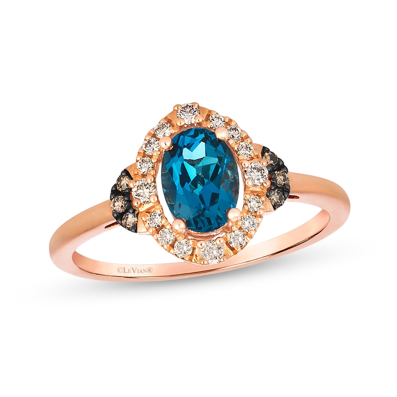 Main Image 1 of Le Vian® Oval Deep Sea Blue Topaz™ and 0.19 CT. T.W. Diamond Frame Ring in 14K Strawberry Gold®
