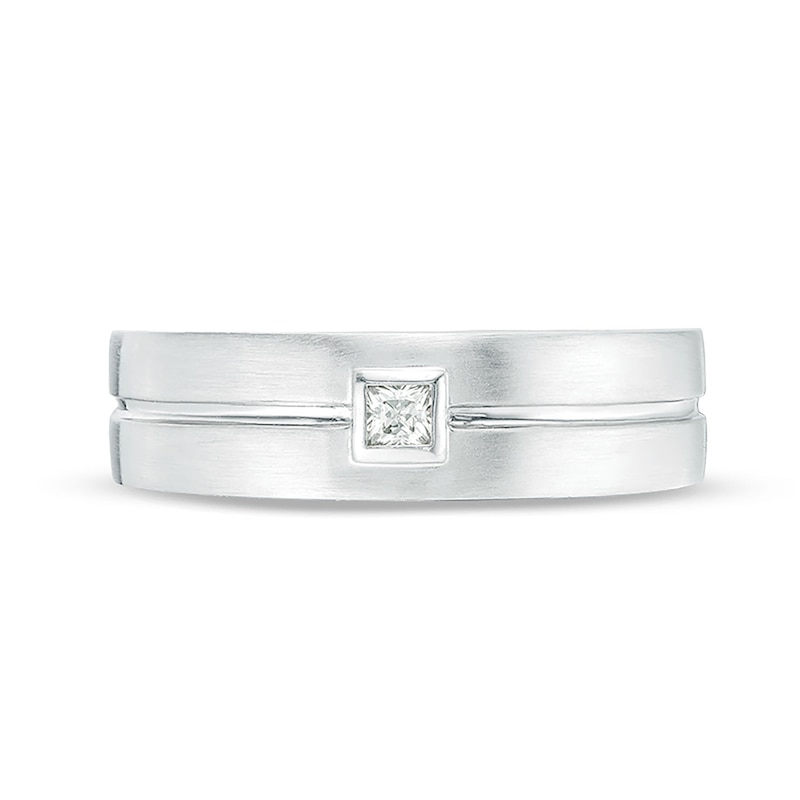 Vera Wang Love Collection Men's 0.07 CT. Square Diamond Solitaire Centre Groove Wedding Band 14K White Gold
