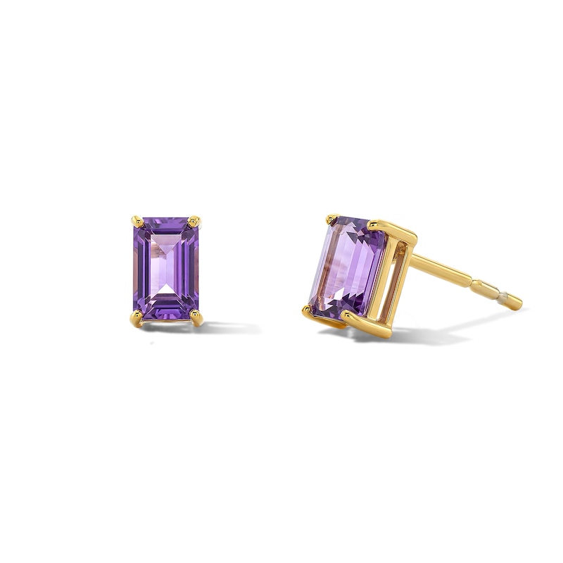 Emerald-Cut Amethyst Solitaire Stud Earrings in 10K Gold