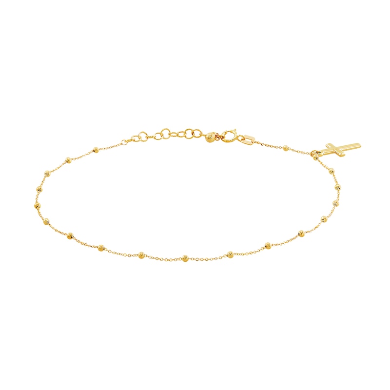 Cross Beaded Chain Anklet in 14K Gold - 10"