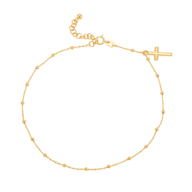 Cross Beaded Chain Anklet in 14K Gold - 10"