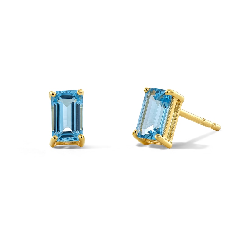 Main Image 1 of Emerald-Cut Swiss Blue Topaz Solitaire Stud Earrings in 10K Gold